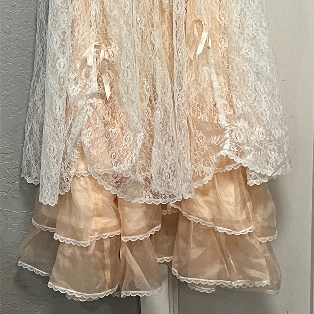 70’s VINTAGE VICTORIAN TEA LACE RUFFLE COQUETTE BOW PINK DRESS SIZE XS - Picture 6 of 17